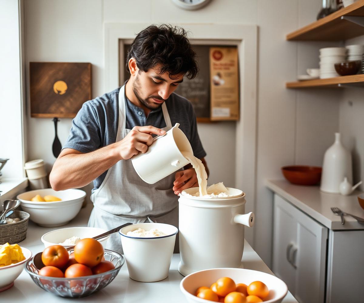 Making ice cream by hand in the shop kitchen