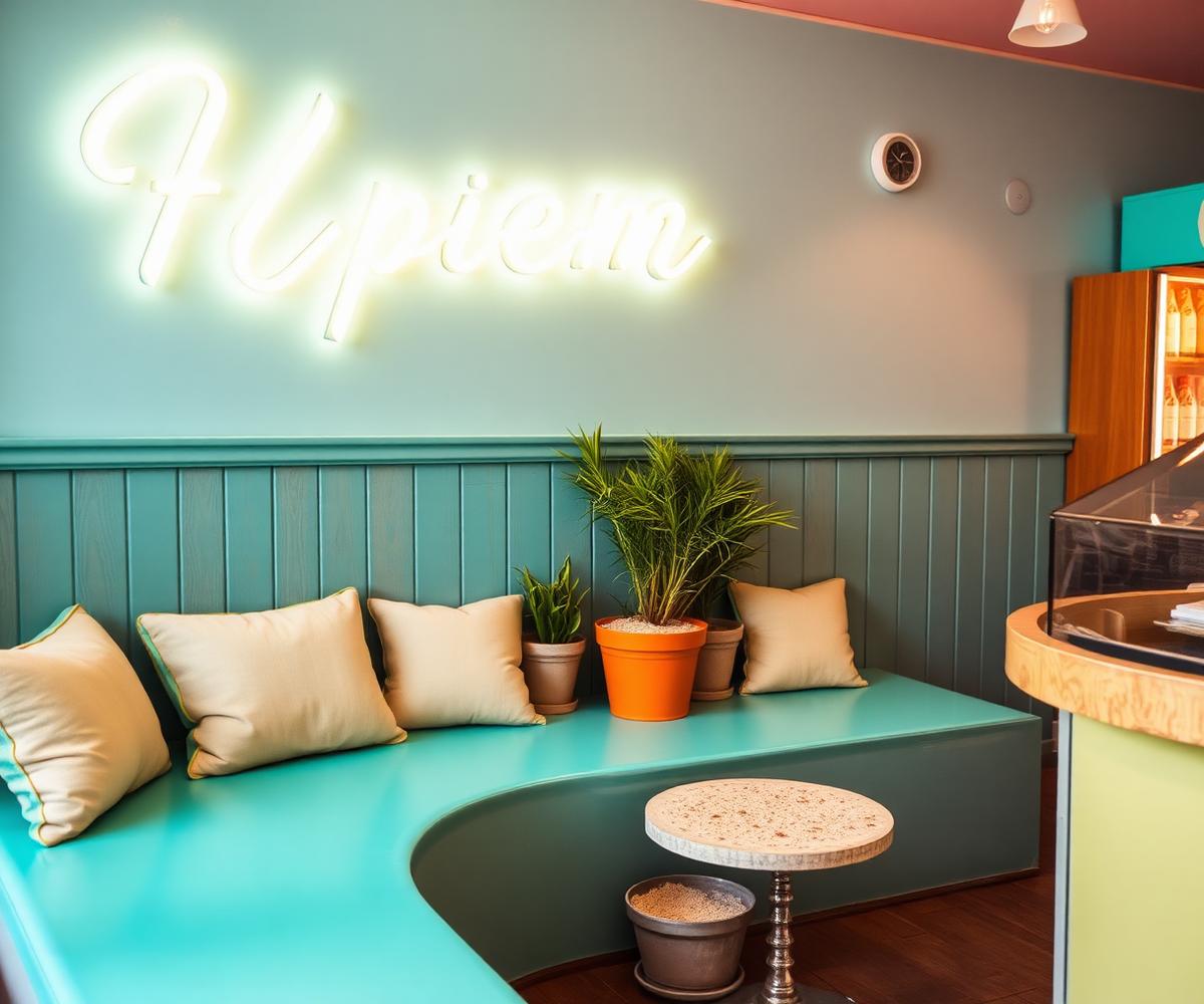 Cozy seating corner of the shop with neon sign and plants