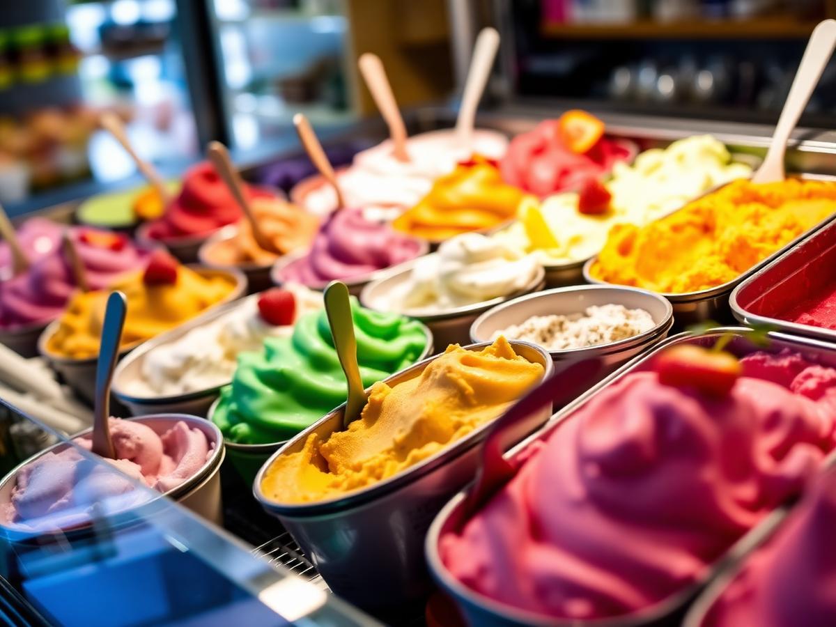 Row of colorful gelato tubs in the display case