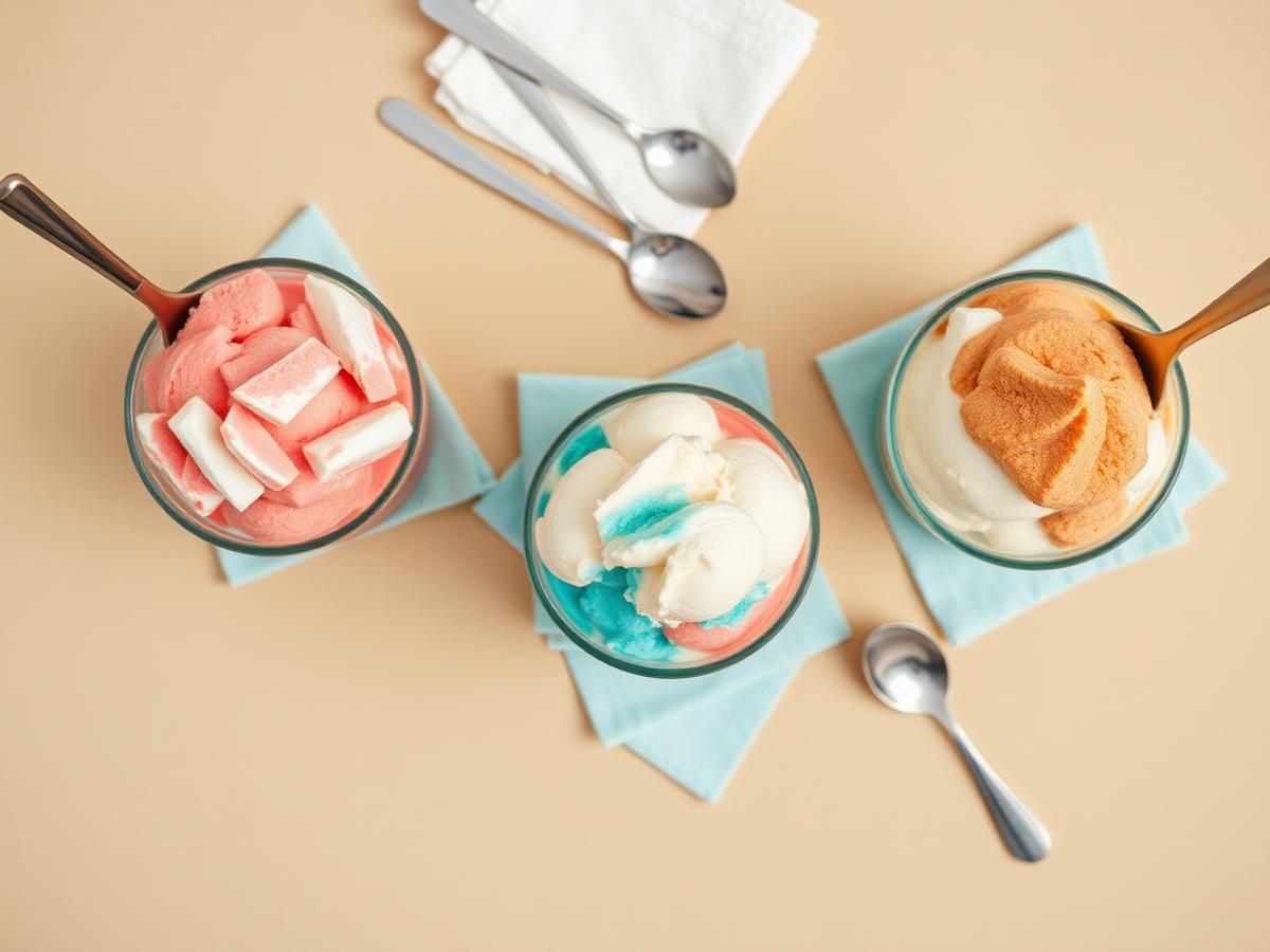 Overhead flat lay of three sundaes on a sand table