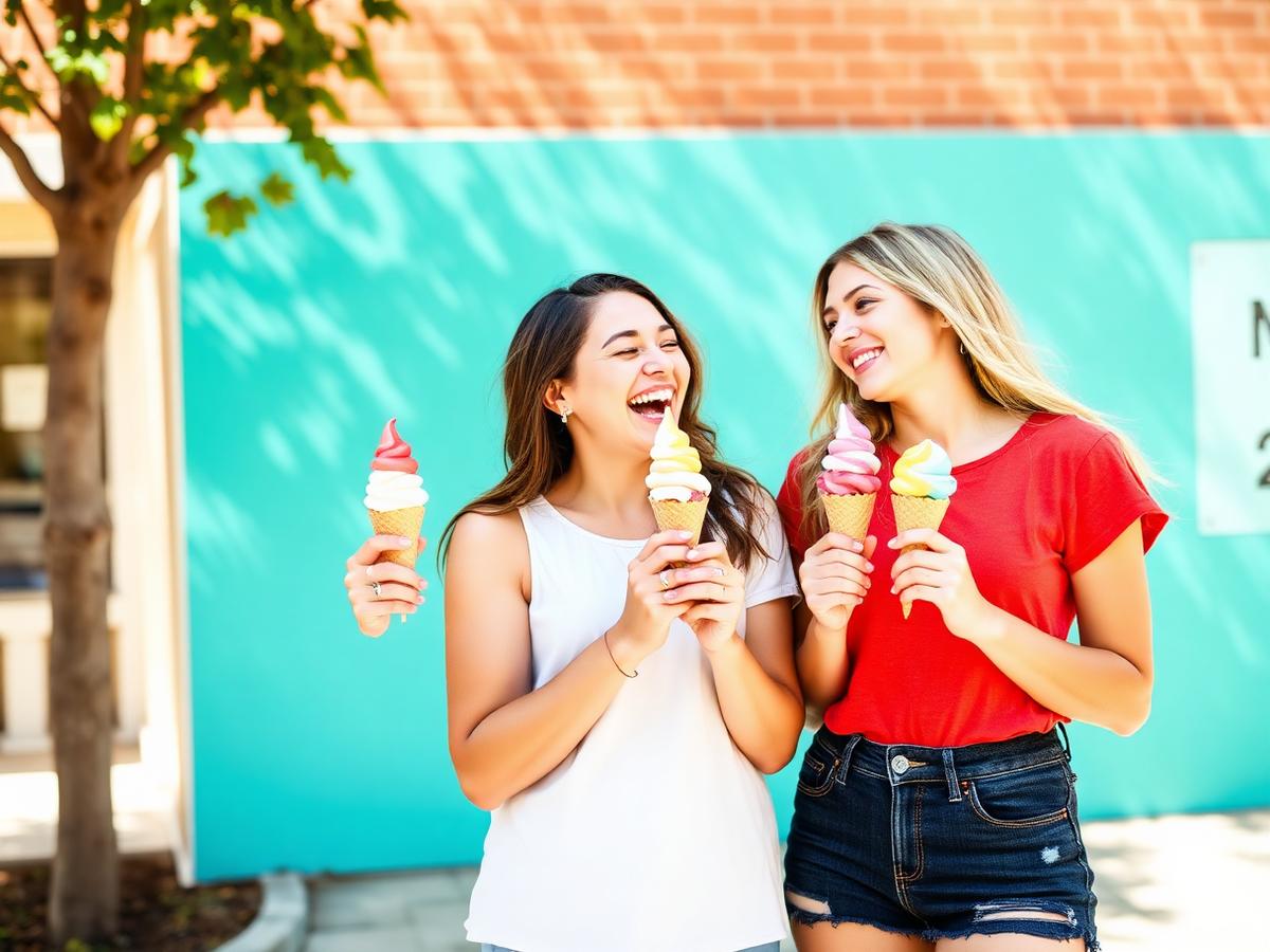 Two friends laughing with ice cream cones outside the shop