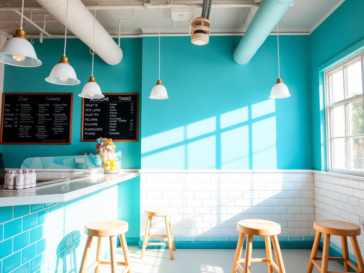 Turquoise and white parlor interior with wooden stools