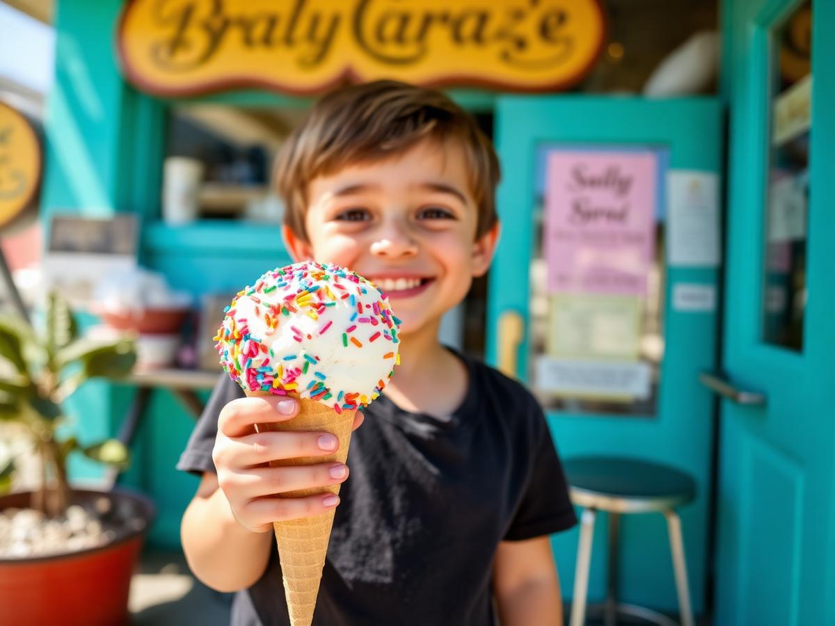Child holding a sprinkle-covered cone outside the shop