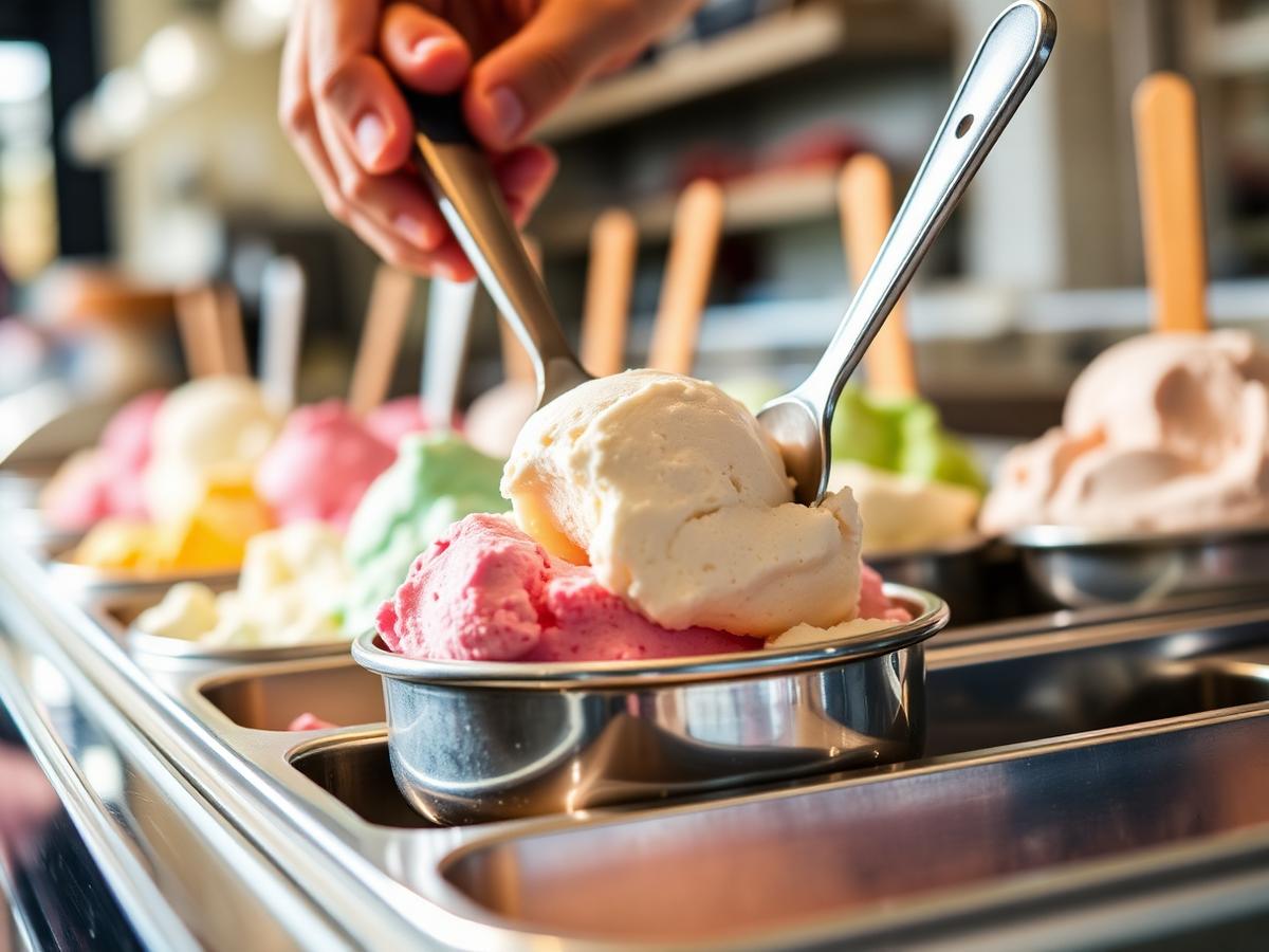 Hand scooping ice cream behind the counter